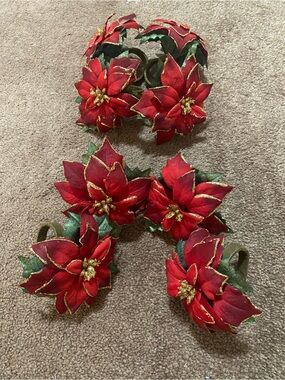 Elegant Red Poinsettia Napkin Rings - Set of 8.